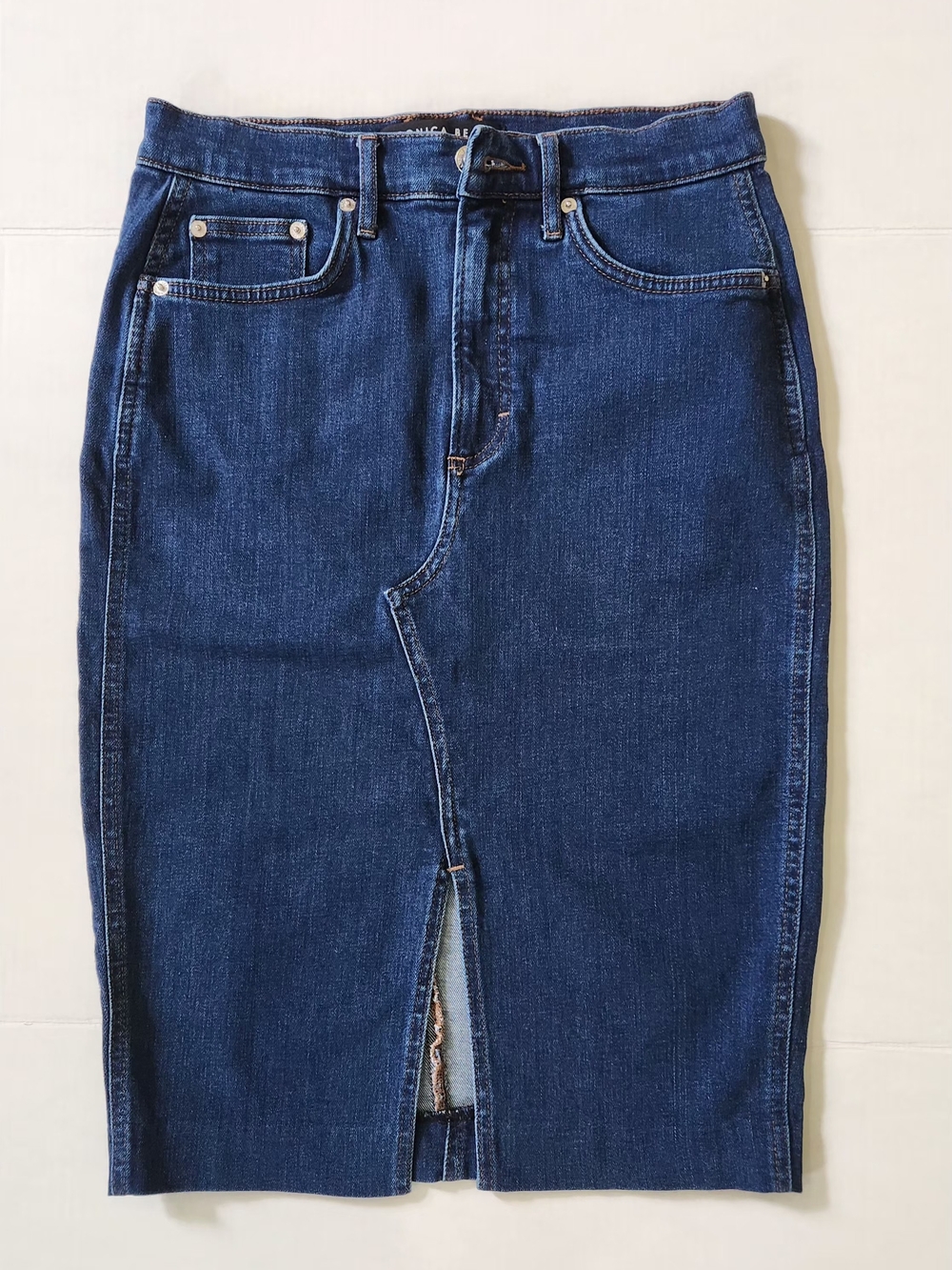 Dark Blue Denim Pencil Skirt with Front Slit